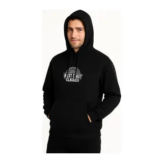 Erkek Üç İplik Kapüşonlu Ön Ve Arka Baskılı SweatShirt Hoodie - Siyah