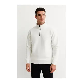 Erkek Dik Yaka Sweatshirt Dik Yaka Yarım Fermuarlı 3 İplik Şardonlu Pamuk Kumaş - Beyaz
