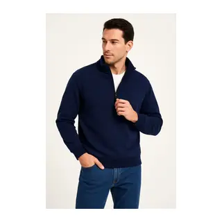 Erkek Dik Yaka Sweatshirt Dik Yaka Yarım Fermuarlı 3 İplik Şardonlu Pamuk Kumaş - Lacivert
