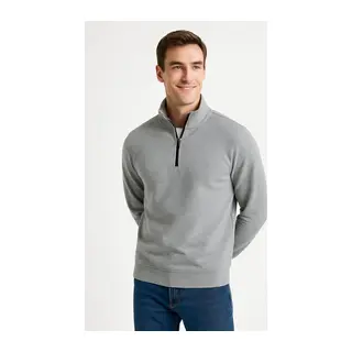 Erkek Dik Yaka Sweatshirt Dik Yaka Yarım Fermuarlı 3 İplik Şardonlu Pamuk Kumaş - Gri