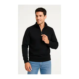 Erkek Dik Yaka Sweatshirt Dik Yaka Yarım Fermuarlı 3 İplik Şardonlu Pamuk Kumaş - Siyah