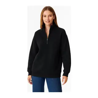 Üç İplik Dık Yaka Yarım Fermuarlı SweatShirt - Siyah