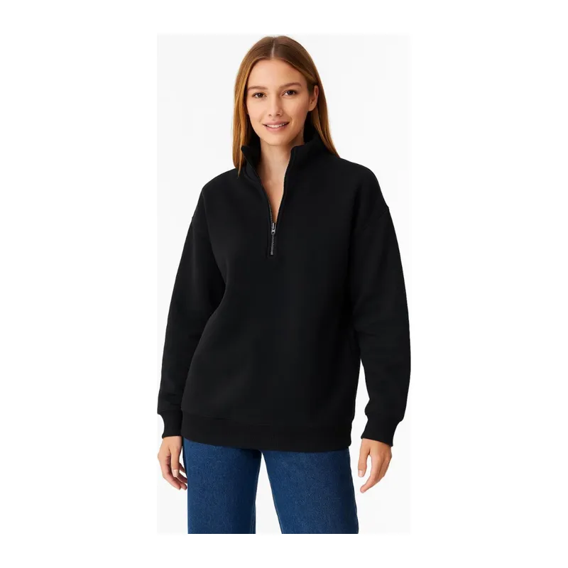 Üç İplik Dık Yaka Yarım Fermuarlı SweatShirt - Siyah