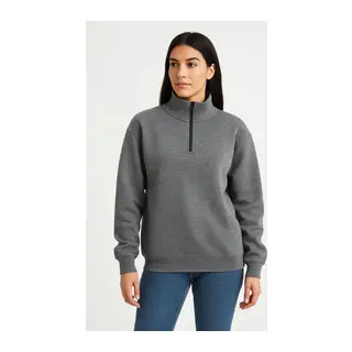 Üç İplik Dık Yaka Yarım Fermuarlı SweatShirt - Antrasit