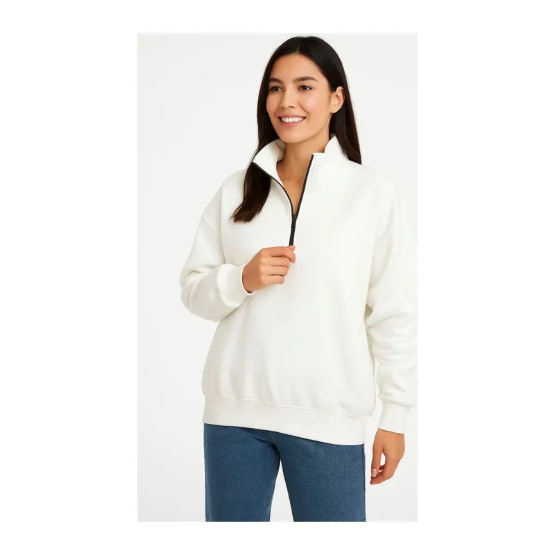 Üç İplik Dık Yaka Yarım Fermuarlı SweatShirt - Beyaz