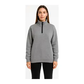Üç İplik Dık Yaka Yarım Fermuarlı SweatShirt - Gri