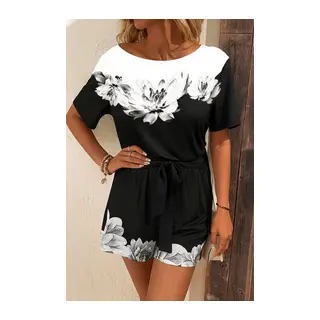 Kadın Tek Omuzu Açık çiçek Desenli Beli Kuşaklı Iki Iplik Mini Short Tulum