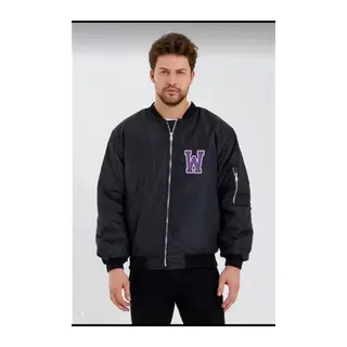Unisex Uzun Kol Baskılı Bomber Ceket - Siyah