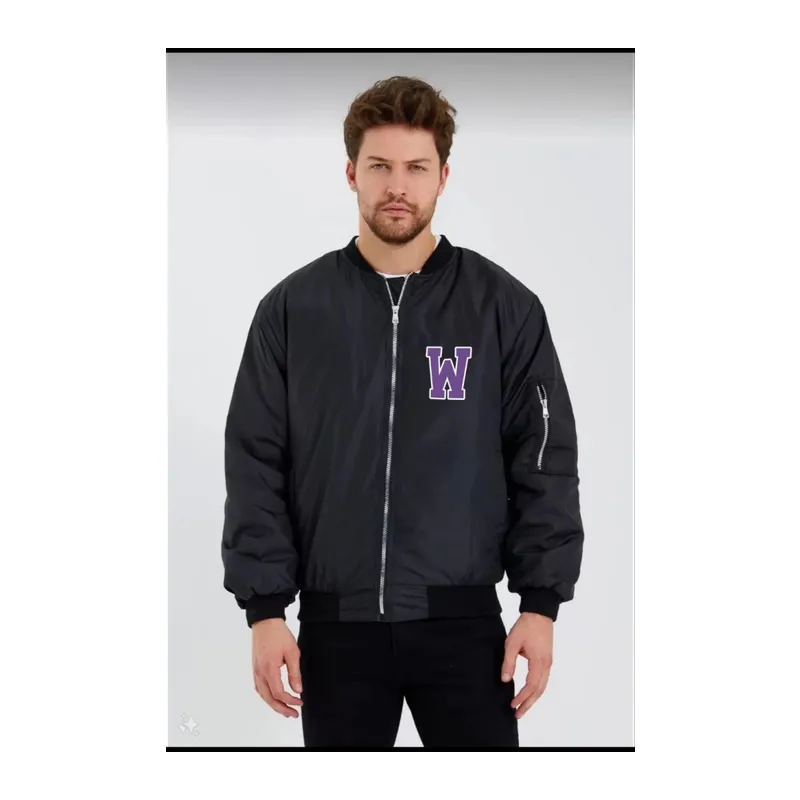 Unisex Uzun Kol Baskılı Bomber Ceket - Siyah