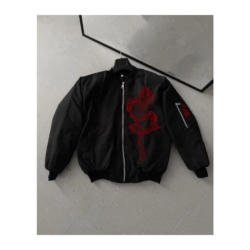 Tam Fermuarlı Uzun Kol Baskılı Bomber Ceket - Siyah
