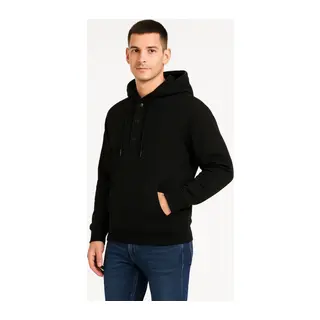 Erkek Ovarsize Kapüşonlu Swetshirt Kanguru Çepli Cıtcıtlı 3 Iplik Şardonlu Hoodie - Siyah