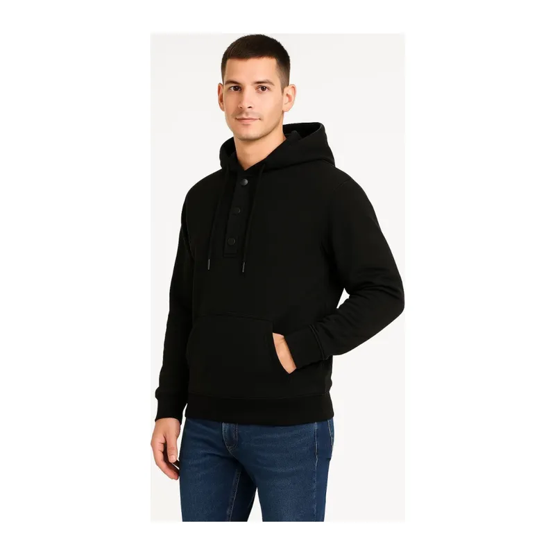 Erkek Ovarsize Kapüşonlu Swetshirt Kanguru Çepli Cıtcıtlı 3 Iplik Şardonlu Hoodie - Siyah