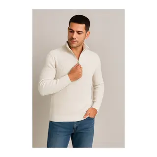 Erkek Yarım Fermuarlı Triko Kazak – Selanik Örgü, Dik Yaka, Pamuklu Dokuma, Regular Fit Uzun Kollu Kışlık Model - Beyaz