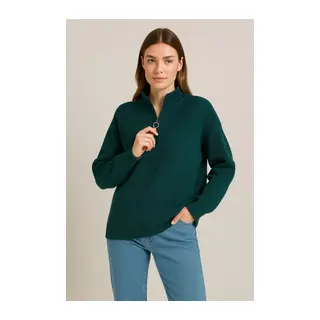 KADIN Yarım Fermuarlı Triko Kazak – Selanik Örgü, Dik Yaka, Pamuklu Dokuma, Oversize Uzun Kollu Kışlık Model - Haki