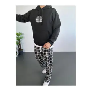 Erkek Oversize Üç İplik Kapüşonlu Sweatshirt – Siyah Sırt Ve Ön Baskılı, Kanguru Cepli, Rahat Kalıp, İçi Pamuklu ModeL-Siyah