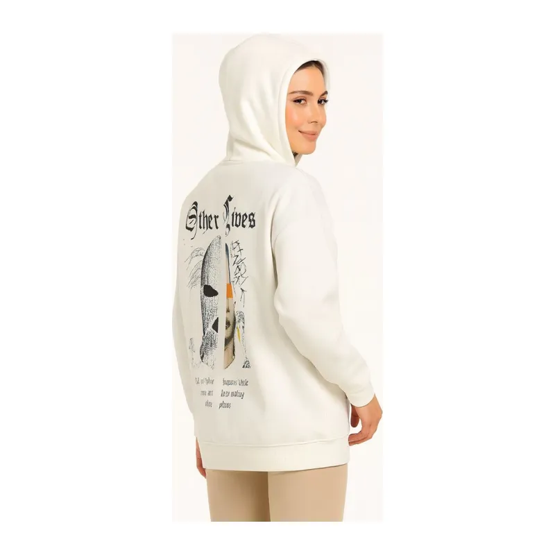 Oversize Üç İplik Şardonlu Kapüşonlu Sweatshirt – Beyaz “Other Lives” Ön Ve Arka Baskılı, Kanguru Cepli, Ribanalı Rahat Kışlık Model Beyaz