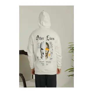 Oversize Üç İplik Şardonlu Kapüşonlu Sweatshirt – Beyaz “Other Lives” Ön Ve Arka Baskılı, Kanguru Cepli, Ribanalı Rahat Kışlık Model Beyaz
