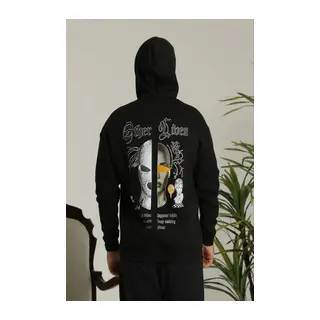 Erkek Kapşonlu Sweatshirt – Oversize Üç İplik Şardonlu Hoodie, “Other Lives” Ön - Arka Baskılı, Kanguru Cepli, Kışlık Rahat Günlük Stil - Siyah