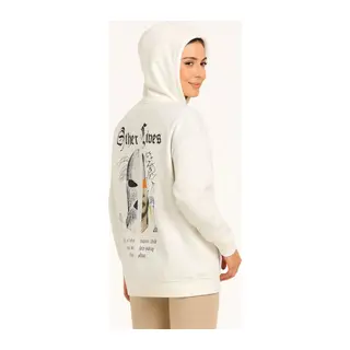 Kapşonlu Sweatshirt – Oversize Üç İplik Şardonlu Hoodie, “Other Lives” Ön - Arka Baskılı, Kanguru Cepli, Kışlık Rahat Günlük Stil - Beyaz