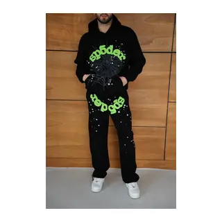 Erkek Kapüşonlu Eşofman Takım Örümcek Ağı Ve Neon Yeşil Baskılı Kanguru Cepli Oversize Rahat Kalıp, Premium Üç İplik Kumaş - Siyah