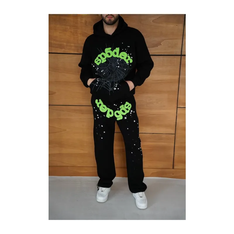 Erkek Kapüşonlu Eşofman Takım Örümcek Ağı Ve Neon Yeşil Baskılı Kanguru Cepli Oversize Rahat Kalıp, Premium Üç İplik Kumaş - Siyah