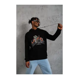 Erkek Oversize Kapüşonlu Sweatshirt – Siyah Renk Üç İplik İçi Pamuklu Kanguru Cepli Baskılı Hoodie Rahat Kalıp Kışlık Günlük Kombinlere Uygun - Siyah