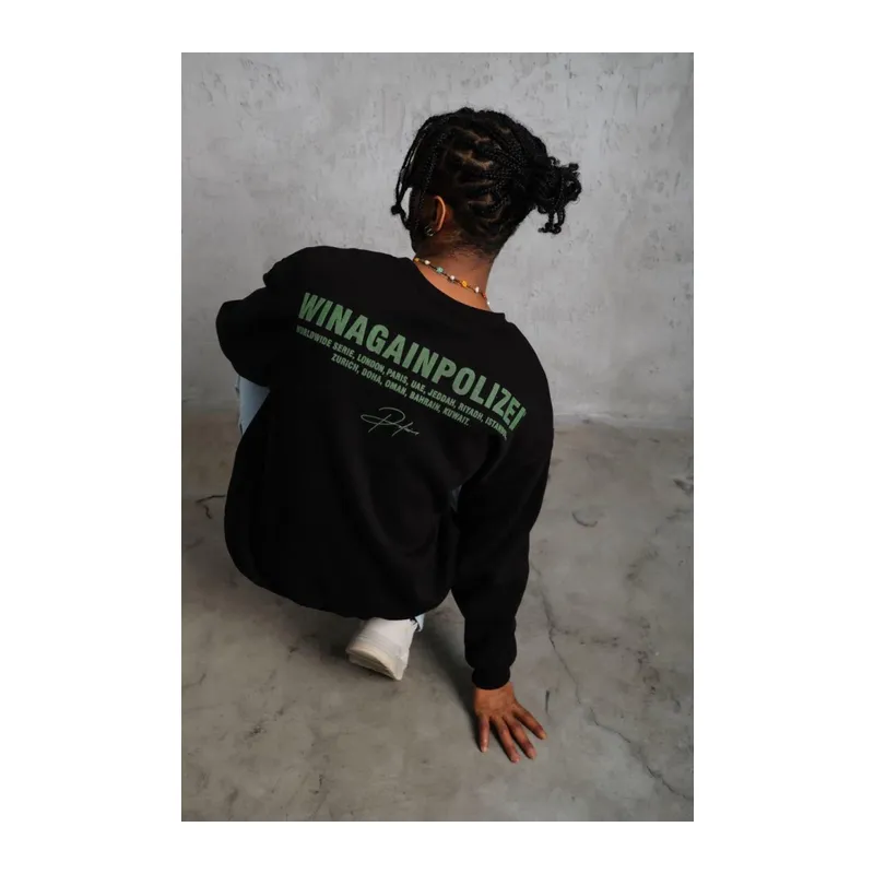 Erkek Oversize Sweatshirt – Siyah Renk Ön Ve Sırt Baskılı, Üç İplik İçi Pamuklu Kumaş, Rahat Kalıp, Ribanalı Kışlık Sweat Winagain Polizei Serisi - Siyah