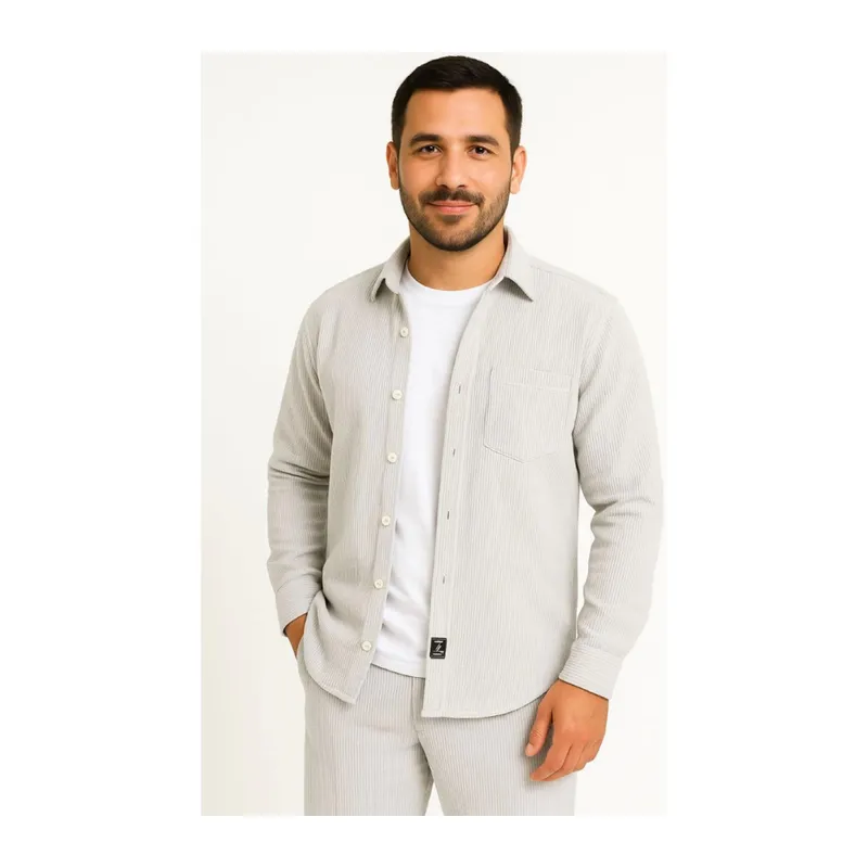 Erkek Fitilli Kadife Cepli Gömlek Oversize Rahat Kalıp - Gri