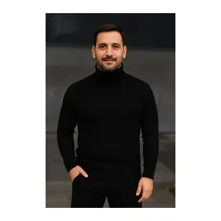 Erkek Balıkcı Yaka Bağazlı Triko Kazak Pamuklu Kalın Fitilli Dokuma, Regular Fit Uzun Kollu Kışlık Model - Siyah