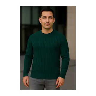 Erkek Bisiklet Yuvarlak Yaka Triko Kazak Pamuklu Kalın Fitilli Dokuma, Regular Fit Uzun Kollu Kışlık Model - Haki