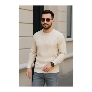 Erkek Bisiklet Yuvarlak Yaka Triko Kazak Pamuklu Kalın Fitilli Dokuma, Regular Fit Uzun Kollu Kışlık Model - Bej
