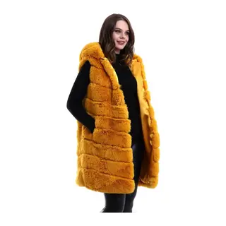 Kapşonlu Peluş Kürk Yelek Premium Kalite, Tam Astarlı, Uzun Model - Sarı