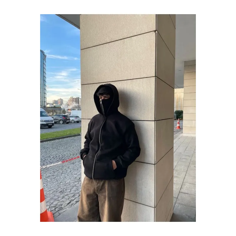 Samuray Ninja Çift Kapşonlu ZIP Fermuarlı Kanguru Çepli Tam Fermuarlı Hoodie Swetshirt - Siyah