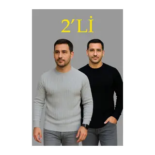 Erkek Fitilli Triko Kazak 2’li Set – Siyah - Gri, Kalın Dokuma Pamuklu Regular Fit Bisiklet Yaka Uzun Kollu Rahat Kışlık Kazak Kombini