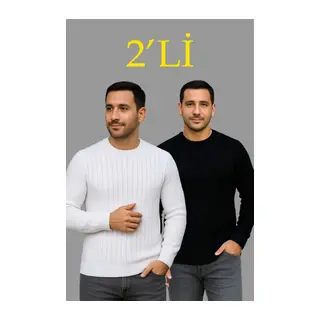 Erkek Fitilli Triko Kazak 2’li Set – Siyah - Beyaz, Kalın Dokuma Pamuklu Regular Fit Bisiklet Yaka Uzun Kollu Rahat Kışlık Kazak Kombini