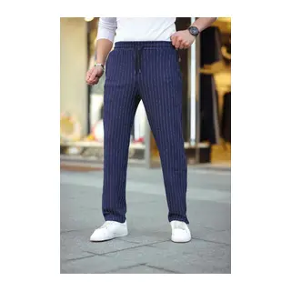 Erkek Cizgili Dokuma Krep Jogger Buggy Pantalon Rahat Kalıp - Lacivert