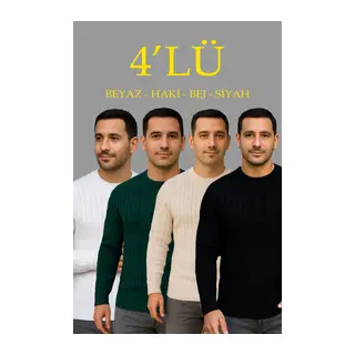 Erkek Fitilli Triko Kazak 4’lü Set – Beyaz, Haki, Bej, SiyahKalın Dokuma Pamuklu Regular Fit Bisiklet Yaka Uzun Kollu Kışlık Ve Baharlık Rahat Triko Kombini
