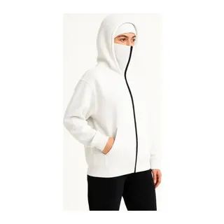 Samuray Ninja Çift Kapşonlu ZIP Fermuarlı Kanguru Çepli Hoodie Maske Detaylı Swetshirt - Beyaz