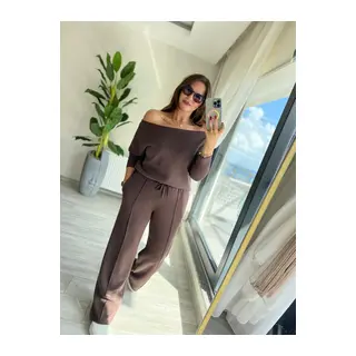Kadın Uzun Kollu Tek Omuzdan Açık Modal Bluz Ve Pantolon Ikili Takım