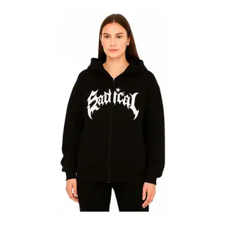 Oversize Kapüşonlu Sweatshirt Hoodie 3 İplik Şardonlu Pamuklu Kumaş, Önü Baskılı, Fermuarlı Rahat Kalıp, Kışlık Ve Sokak Stili Sweat - Siyah