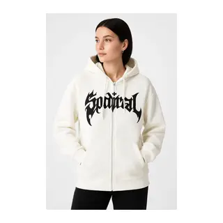 Oversize Kapüşonlu Sweatshirt Hoodie 3 İplik Şardonlu Pamuklu Kumaş, Önü Baskılı, Fermuarlı Rahat Kalıp, Kışlık Ve Sokak Stili Sweat - Beyaz