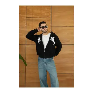 Erkek Kapüşonlu Sweatshirt Hoodie 3 İplik Şardonlu Pamuklu Kumaş, Önü Baskılı, Fermuarlı Rahat Kalıp, Kışlık Ve Sokak Stili Sweat - Siyah