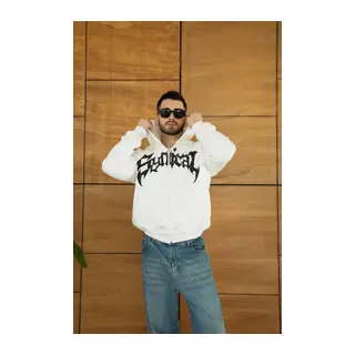 Erkek Kapüşonlu Sweatshirt Hoodie 3 İplik Şardonlu Pamuklu Kumaş, Önü Baskılı, Fermuarlı Rahat Kalıp, Kışlık Ve Sokak Stili Sweat - Beyaz