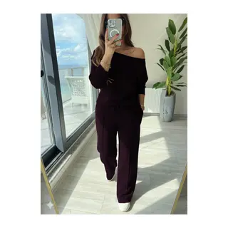 Kadın Uzun Kollu Tek Omuzdan Açık Modal Bluz Ve Pantolon Ikili Mürdüm Takım