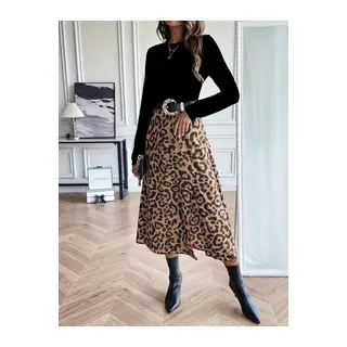 Kadın Uzun Kollu Bisiklet Yaka Ithal Krep Bluz Alt Desenli Modal Midi Elbise