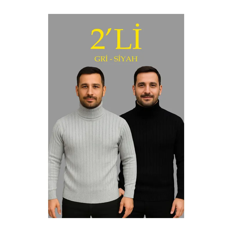 Erkek Fitilli Triko Kazak 2li Set Gri Siyah Regular Balıkcı Yaka Tam Boğazlı Triko Seti Modeli Kazak