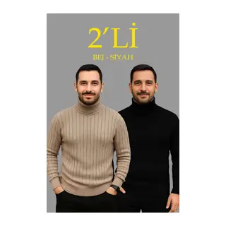 Erkek Fitilli Triko Kazak 2li Set Bej Siyah Regular Balıkcı Yaka Tam Boğazlı Triko Seti Modeli Kazak