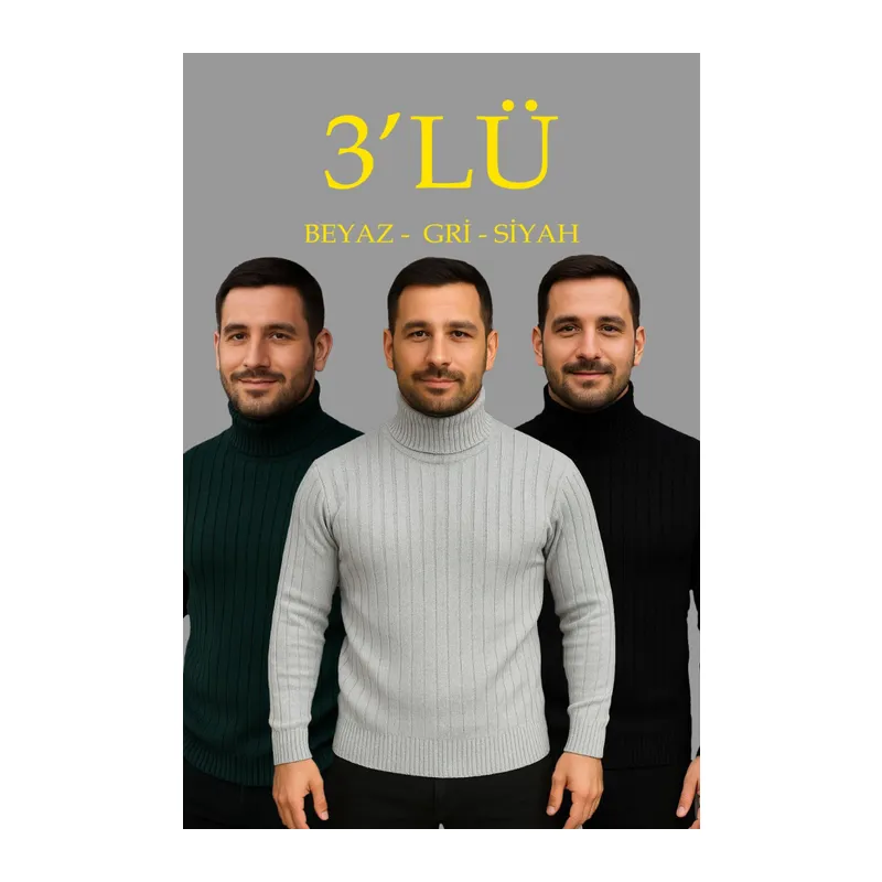 Erkek Fitilli Triko Kazak 3lÜ Set Gri Haki Siyah Regular Balıkcı Yaka Tam Boğazlı Triko Seti Modeli Kazak