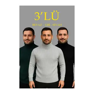 Erkek Fitilli Triko Kazak 3lÜ Set Gri Haki Siyah Regular Balıkcı Yaka Tam Boğazlı Triko Seti Modeli Kazak