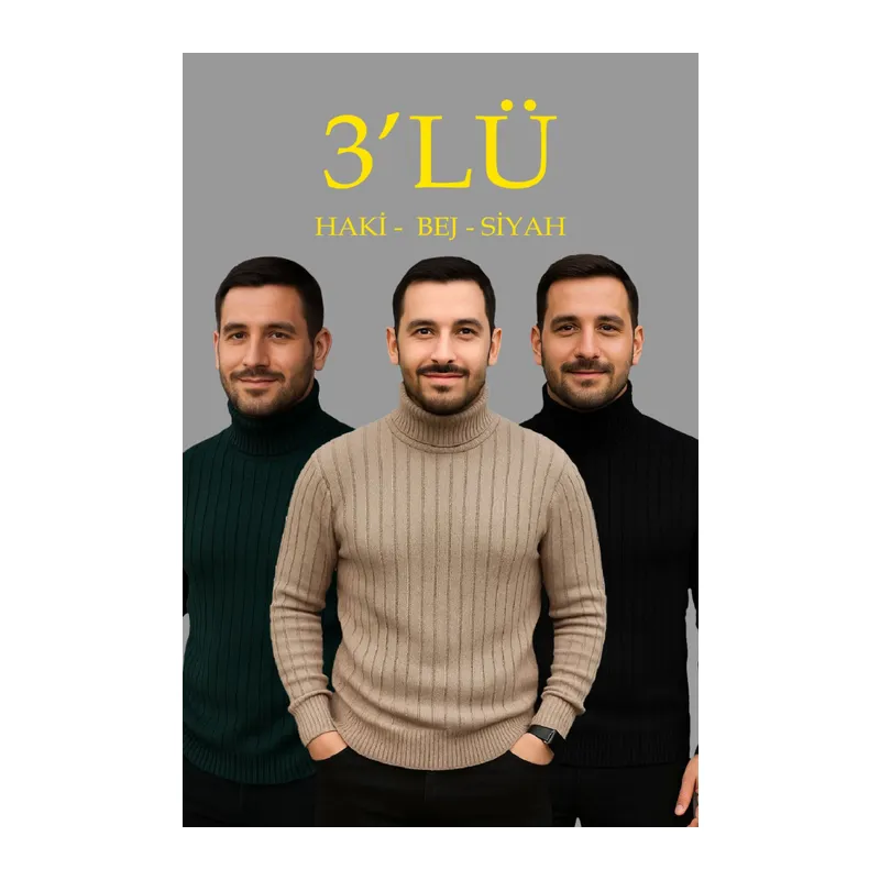 Erkek Fitilli Triko Kazak 3lÜ Set Bej Haki Siyah Regular Balıkcı Yaka Tam Boğazlı Triko Seti Modeli Kazak